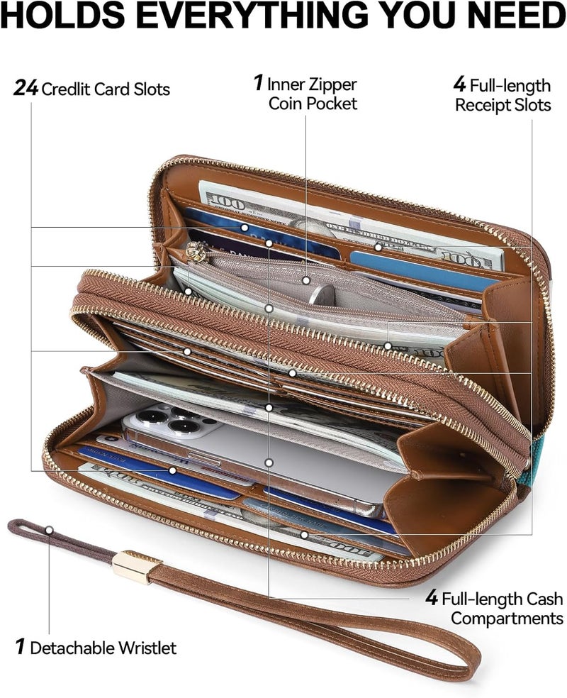 Bostanten Wallets for Women Leather RFID Double Zipper Around Credit Card Holder Large Capacity Wristlet Clutch Wallet - Image 2